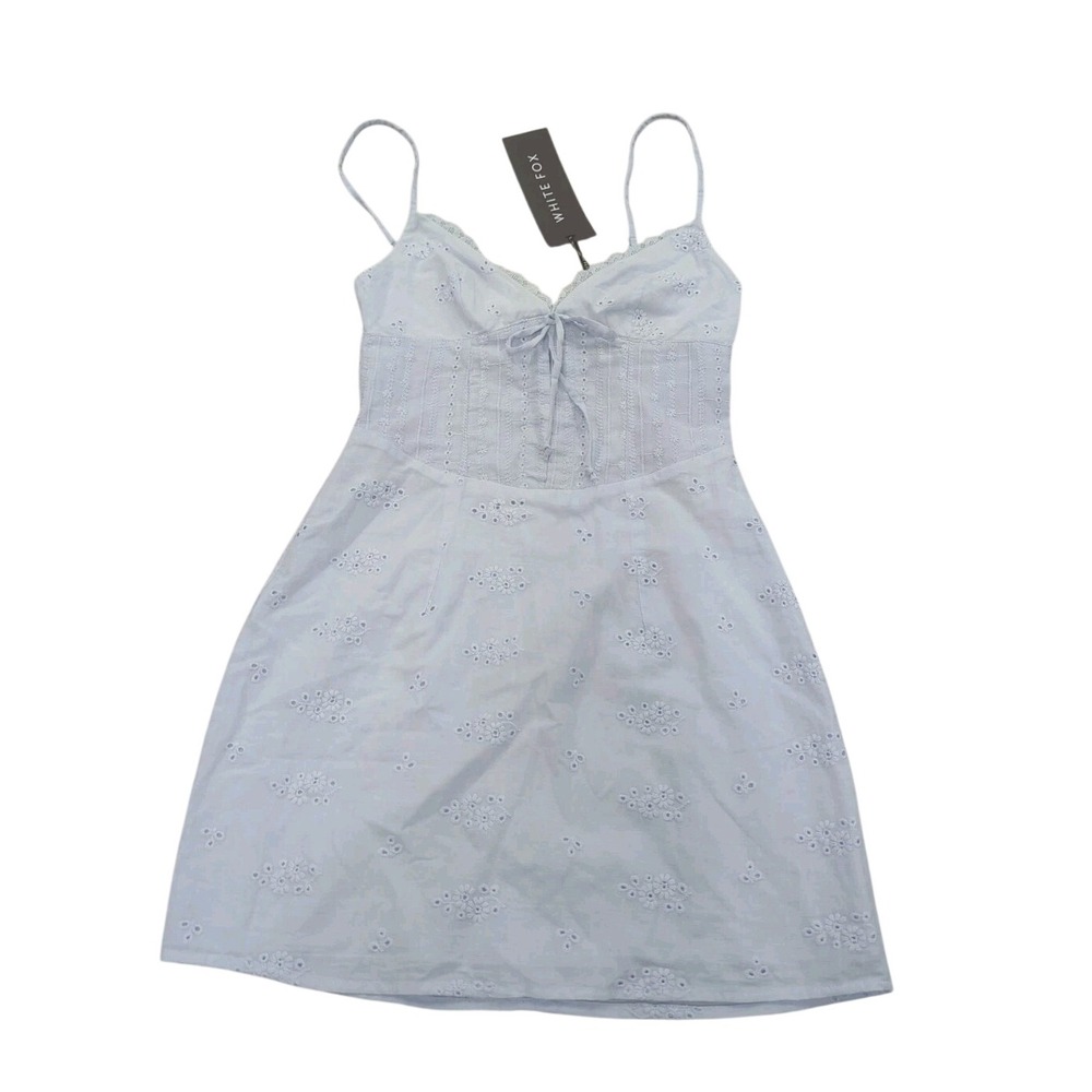 White Fox Boutique Hard To Love Mini Dress XS Periwinkle Blue Eyelet Coquette